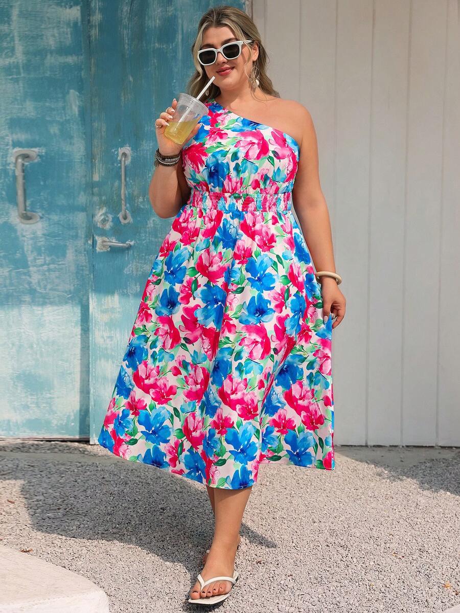 Vivid Eden Sukienka z szyfonu z nadrukiem w dużym rozmiarze, na jedno ramię, odpowiednia na wiosnę/lato - Niebieski i biały - Zobacz 1