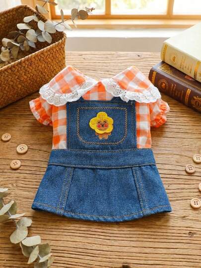 PETSIN 1pc Cat/Dog Universal Clothing, Embroidered Sunflower Bear Cartoon Pattern Blue Dress, Spring Casual Pet Clothing