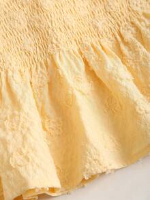 Sweetra 女士春夏度假风黄色提花蝴蝶结腰部荷叶边下摆短袖衬衫 - 黃色 - 查看 6