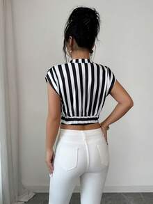 Elenzga 女士针织条纹优雅夏季度假T恤 - 黑色 - 查看 2