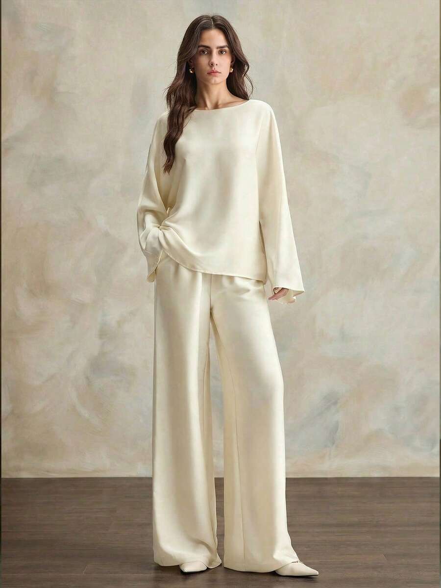 Ontre 2026新款早春粉色褶皱缎面弹力腰女裙，适合现代都市派对、返校季、婚礼、休闲简约时尚日常穿着、波西米亚风、度假、节日、春季等场合。 - 杏色 - 查看 1