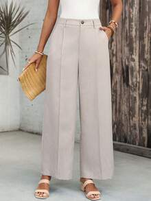 EMERY ROSE 女士纯色口袋纽扣休闲百搭阔腿裤，适合日常穿着 - 卡其色 - 查看 6