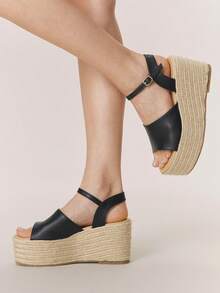Styleloop Sandal Platform Wedges Wanita, Sandal Liburan Bohemian Ujung Terbuka Musim Panas, Sandal Pantai Romawi Tali Anyaman dengan Gesper Tali, Cocok untuk Musim Liburan, Musim Semi/Panas, Gaya Bohemian & Resor - Hitam - View 3