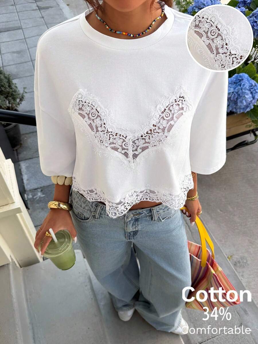 Muchica Áo thun nữ kiểu dáng thường ngày, màu trơn, phối ren, thích hợp cho mùa hè. - trắng - Xem 1