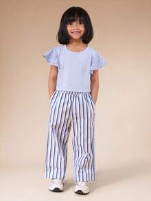 SUMWON 女童刺绣荷叶袖圆领T恤，饰有镂空刺绣短袖，休闲夏季上衣 - 藍色 - 查看 3