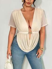 Firerie Blusa casual elegante y cómoda de talla grande con cuello en pico, sin mangas, elástica, con decoración de hebilla metálica y abertura lateral, adecuada para primavera/verano y playa - Albaricoque - Ver 6