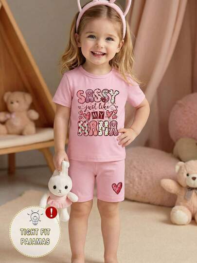 2pcs/Set Baby Girls' Vibrant Mother's Day Element Print Round Neck Top & Heart Decor Leggings Knit Comfortable Casual White Short Sleeve Shorts 2-Piece Outfit