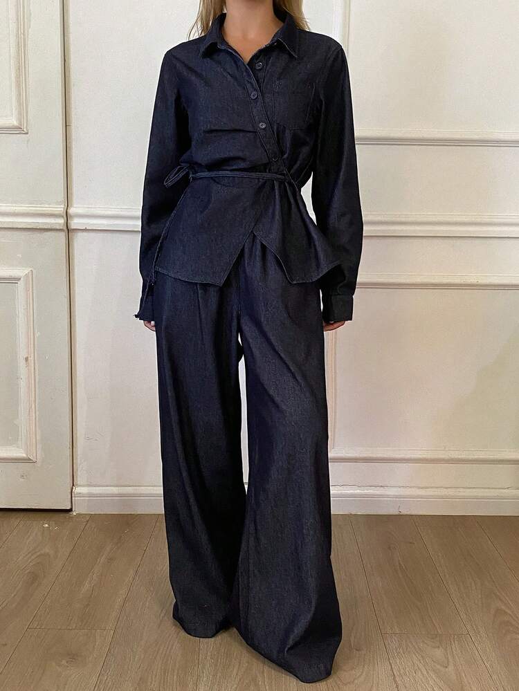 Women's Western Cowgirl Style Solid Color Loose Tie-Waist Long Sleeve Lapel Shirt And Wide Leg Pants Casual Elegant Suit, Spring/Autumn