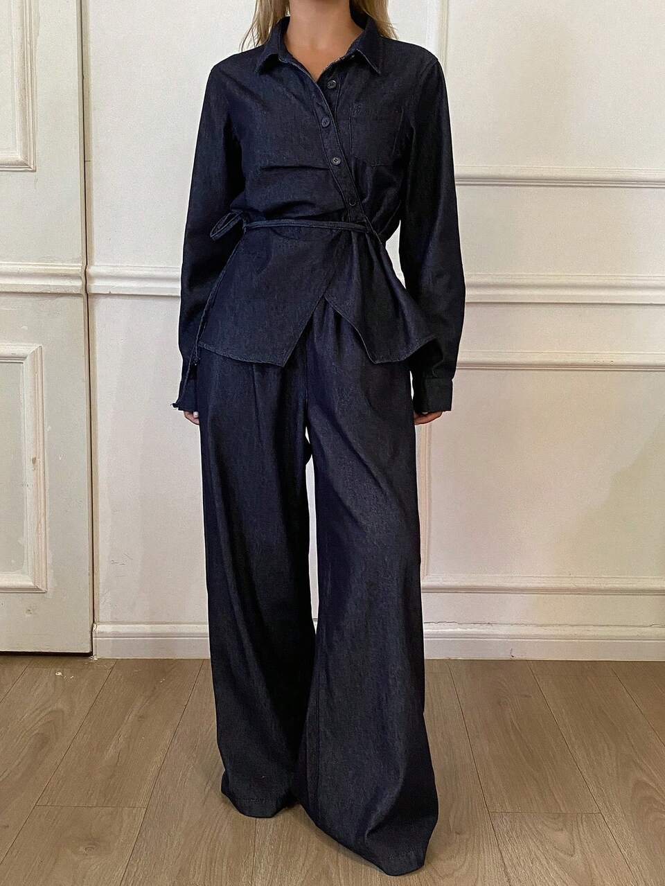 Women's Western Cowgirl Style Solid Color Loose Tie-Waist Long Sleeve Lapel Shirt And Wide Leg Pants Casual Elegant Suit, Spring/Autumn