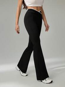 SHEIN Tall 2025秋冬新款休闲简约百搭黑色撞色交叉腰边喇叭裤，适合返校、返校节、万圣节、锐舞派对、外出、健身、慢跑、早午餐等场合，也可作为派对喇叭裤、黑色喇叭裤、黑色紧身裤、喇叭运动裤穿着，秋季女装，冬季女装 - 黑色 - 查看 4