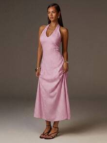 Athîral Women's Polka Dot Halter Neck Long Dress, Suitable For Summer Dates And Parties - Baby Pink - View 4