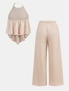 SHEIN 2pcs/Set Teen Girls Loose Halter Neck Tank Top + Long Pants Suit, Casual, Fashionable, Versatile, Suitable For Party, Outing, Sister Photo Shoot, Park, Camping, Vacation, Daily Leisure - Apricot - View 2