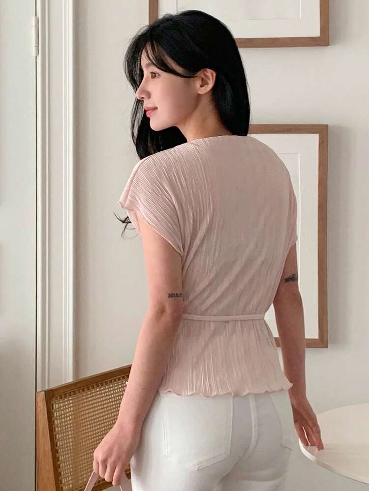 Women's Casual Solid Color Cinched Waist Shirt, Summer