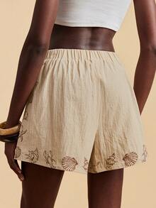 Travachic 女士系带腰带休闲海洋印花度假短裤 - 杏色 - 查看 2