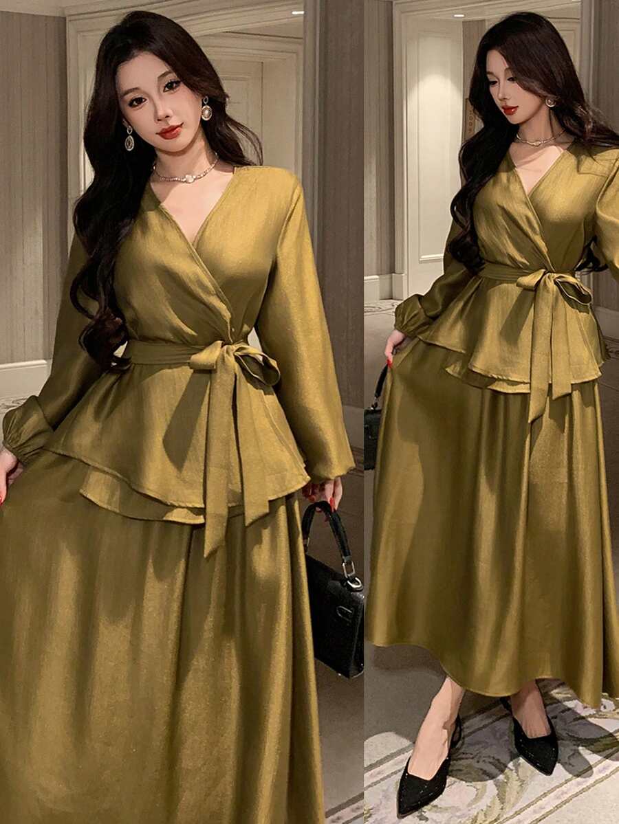 Dazy Kids 2件套春季高端连体上衣+高腰喇叭裙衬衫套装，适合少女 - 芥末黃 - 查看 1