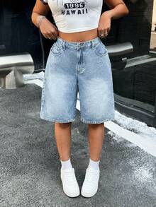 SHEIN 女士休闲水洗阔腿牛仔短裤，夏季 - 淺色水洗藍 - 查看 1