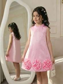 Elladie kids 少女甜美公主风珍珠装饰3D花朵下摆无袖连衣裙，宽松直筒版型，适合日常外出、生日派对、家庭聚会和节日穿着。 - 粉色 - 查看 4