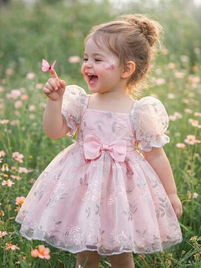 Babygirl Elegant Cute Floral Embroidery Mesh Short Sleeve Princess Dress