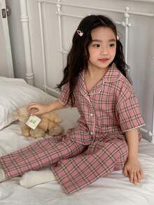 DAZY Bộ đồ ngủ mùa hè cho bé gái, áo tay ngắn và quần kẻ caro. - Hồng - Xem 6