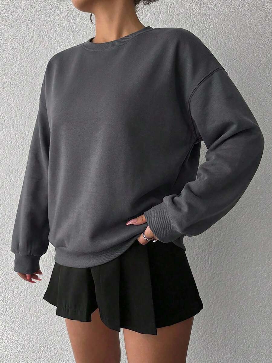 Women's Casual Green Long Sleeve Round Neck Drop Shoulder Pullover Sweatshirt, Ribbed Knit Detail - Dark Grey - View 1