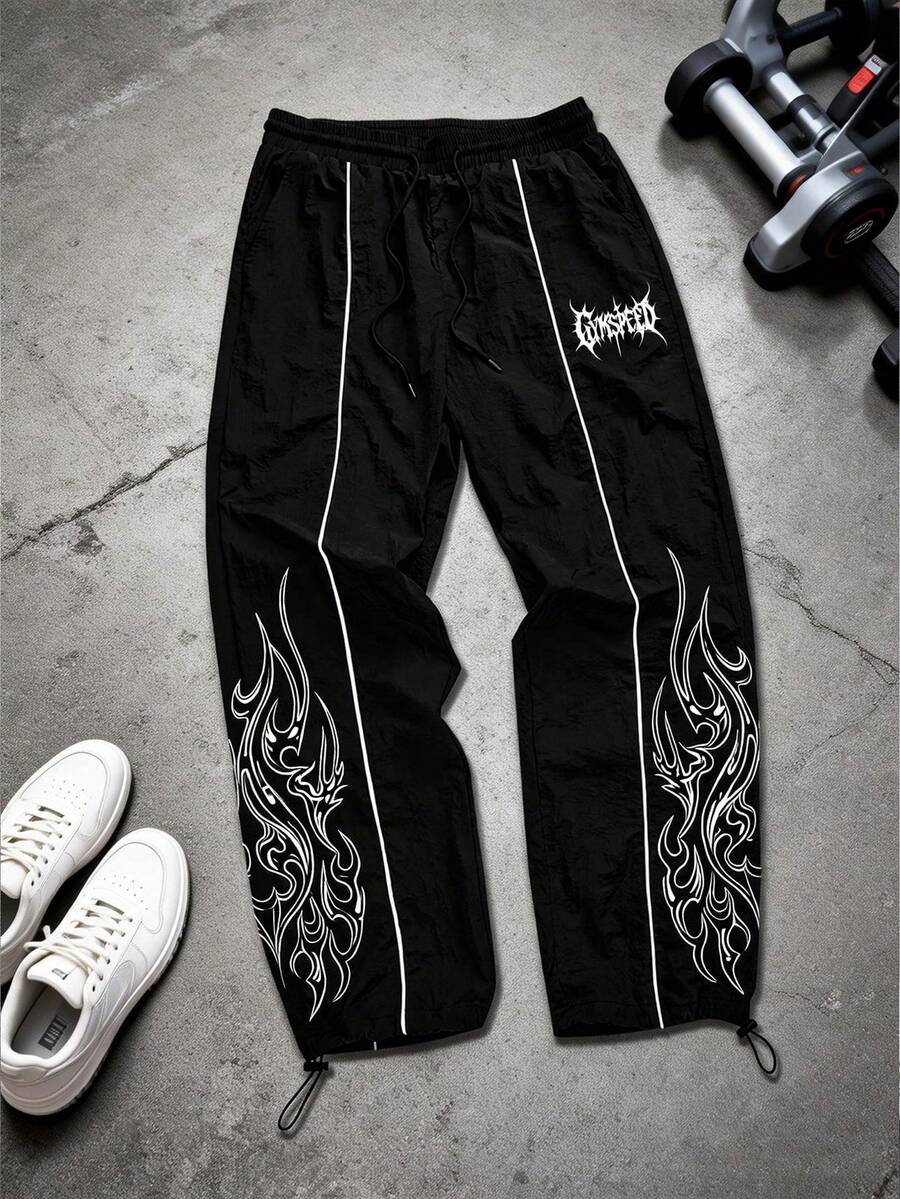 Sport MetroGents Quần thể thao nam in chữ Gothic, cạp chun, có dây rút - màu đen - Xem 1