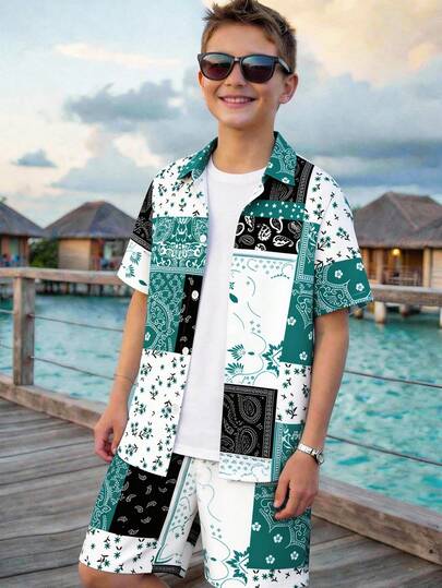 男童休闲佩斯利印花宽松度假风撞色格纹衬衫短裤两件套，适合春夏日常及假日穿着