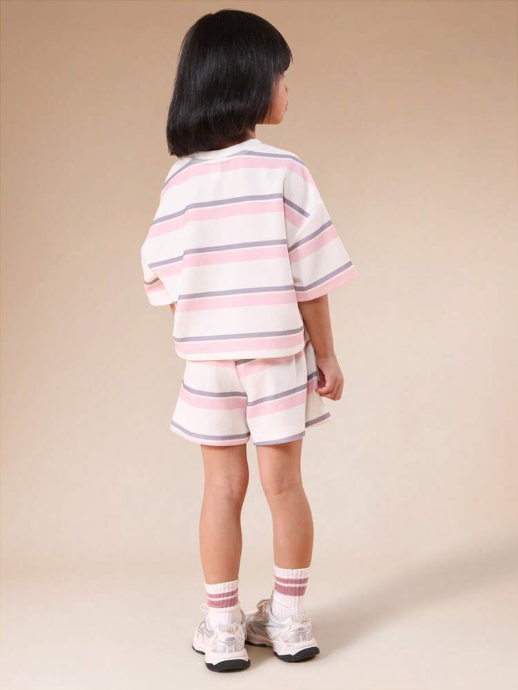 Girls Oversized Horizontal Striped T-Shirt And Matching Shorts Co-Ord Set Casual Summer Outfit Spring