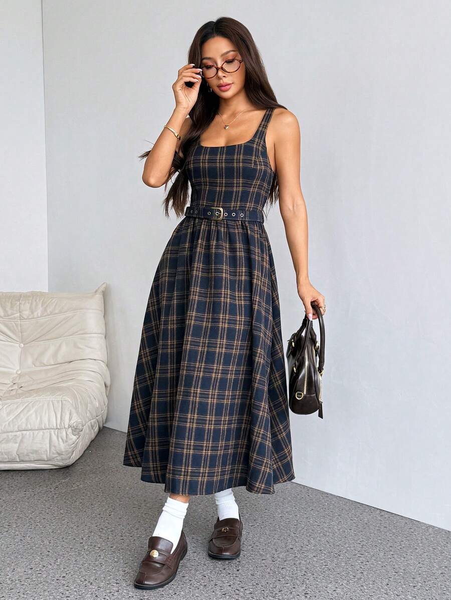SHEIN PETITE Women Plaid Strap Dress , Teacher Dress,Casual Dress,Fall Dresses,4th Of July Women Outfits,Long Dress - Multicolor - View 1