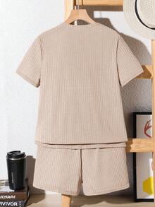SHEIN Leap Crew 2pcs Tween Boy Casual Snap Button Short Sleeve T-Shirt And Shorts Pajama Set,Kids - Apricot - View 2