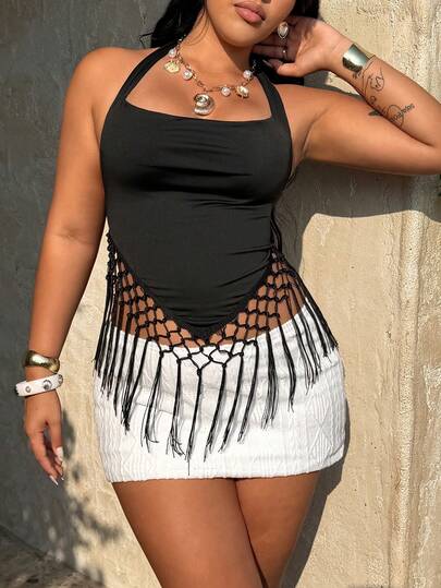 Rustia Camiseta sin tirantes con espalda descubierta y sexy para mujer de talla grande, top casual versátil de unicolor con cuello de pico y flecos en el bajo