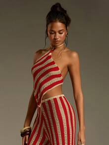 Athîral Women's Striped Hollow Asymmetric Hem Halter Neck Knit Top - Multicolor - View 4