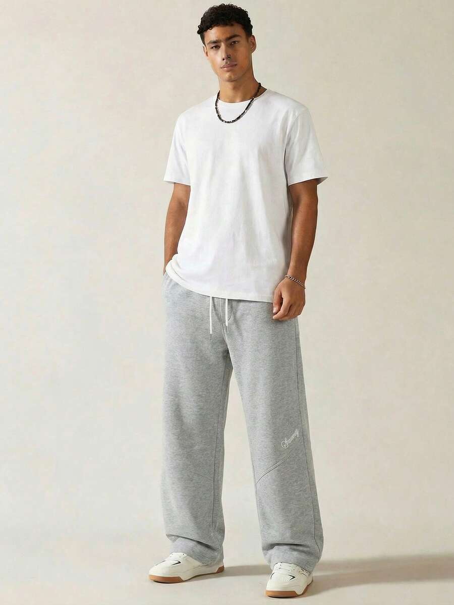 SWAVVY Men's Drawstring Waist Embroidered Pocket Casual Everyday Sweatpants - Grey - View 1