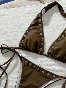 Swim Vcay Women's Plain Coffee Brown Halter Neck Bikini With Stud Accents Lace Up Tie Side Bottom - Coffee Brown - View 8