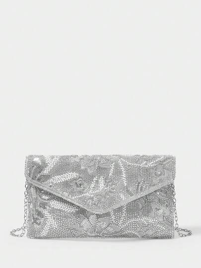 SHECARRY Embroidered Pearl Embroidered Envelope Bag, Silver Embroidered Handbag, Suitable For Women's Shopping, Travel, Parties, Gifts, Party Fashion Events, Weddings