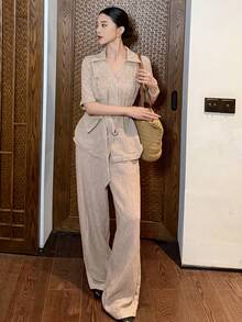 DAZY Women's Casual Pocket Belt Shirt And Wide Leg Pants 2 Pieces Set, Spring/Summer - Apricot - View 7