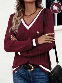 Selamara Camiseta de mujer de moda casual con delicado bordado acanalado - Rojo - Ver 4