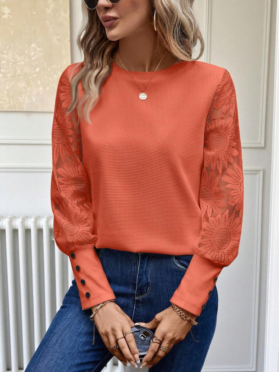 Easowa 橙色蕾丝袖拼布华夫格花卉图案女式上衣 - 紫紅色 - 查看 1