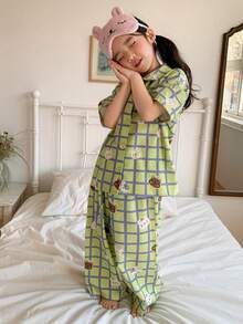 DAZY 女童夏季休闲格子卡通动物印花短袖衬衫和裤子睡衣套装 - 綠色 - 查看 2