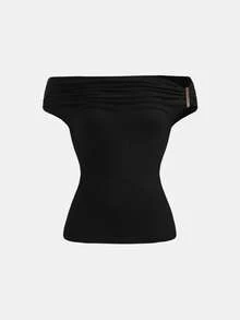 SHEIN Girlism 不对称肩部针织T恤，黑色，时尚独特，适合春夏、秋冬叠穿 - 黑色 - 查看 6