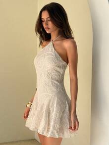 Aloruh Đầm ngắn dáng chữ A thêu họa tiết, viền bèo nhún, thích hợp cho kỳ nghỉ hè dành cho nữ. - Màu be - Xem 8