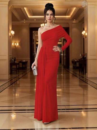 Vestido Largo Elegante Escote Asimétrico y Manga Única con Detalle de Capa para Mujer