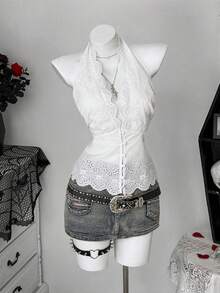 Sunspun 大码性感时尚百搭刺绣镂空系带露脐上衣 - 白色 - 查看 4