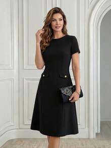 Miaspire 女式黑色蕾丝拼接优雅派对中长连衣裙 - 黑色 - 查看 4