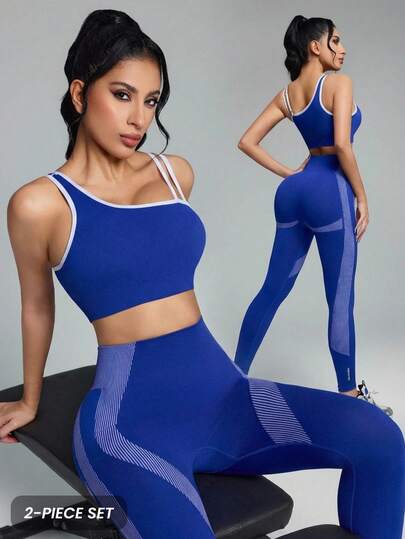 Innovista 1件套无缝运动文胸和裤子套装，吸湿排汗面料，斜肩设计，基础款，藏蓝色，适合锻炼、健身、瑜伽