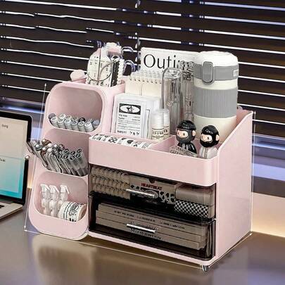 1pc Large Capacity Storage Box, Multi-Functional Luxury Desktop Organizer, Cosmetic Holder, Makeup Vanity Organizer, Kitchen Draining Rack, Suitable For Cosmetics (Face Masks, Makeup Brushes, Eyebrow Pencils, Combs, Makeup Sponges, Lipsticks, Eyeshadow Palettes, Powder Puffs, Creams, Etc.), Stationery Desktop Storage (Paintbrushes, Pencils, Notebooks, Classroom Notes, Etc.), Multi-Layer Divided Organizer Box, Chopstick Holder