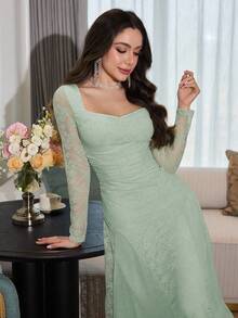 Modelyn Apricot Lace Ruffle Long Sleeve Mesh Patchwork Tie Back Elegant Mid-Length Dress For Women - Green - View 7