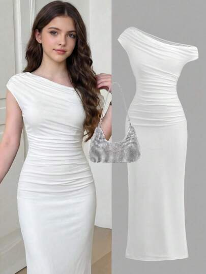 SHEIN Girlism Teen Girls Elastic Waist Ruffle Layered Mesh Dress, Casual Elegant Asymmetrical Shoulder Gathered Waist Bodycon Maxi Knit Solid Color Dress, Suitable For Halloween Party, Back To School Outfit, Gatherings And Outings Elegant White Dresses White Ruched Bodycon Dress Slim Fit White Dress White Midi Dress White One-Shoulder Dress