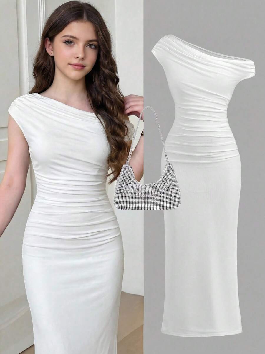 SHEIN Girlism Vestito in maglia a vita elastica con volant e strati per ragazze adolescenti, vestito casual ed elegante con spalla asimmetrica, vita arricciata, aderente e lungo in colore unito, adatto per Ognissanti, rientro a scuola, feste e uscite - Bianco - Visualizzare 1