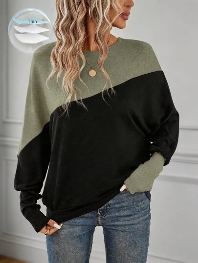 SHEIN LUNE Two Tone Batwing Sleeve Sweatshirt Graduation,Back To School Outfits,Graduation,Teacher Outfits For Women,Back To School In Fall/Winter Women Long Sleeve Tops Winter Tops For Women Pullover For Women Women Sweater Oversized Sweatshirt Woman,Fall,Fall Clothes For Women