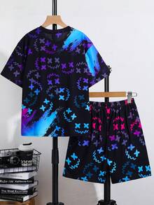 SHEIN 2pcs Tween Boy Black Casual Summer Streetwear City Break Outfit Set, Vision Fluorescent Cartoon Round Neck Short Sleeve T-Shirt And Shorts Set - Multicolor - View 2